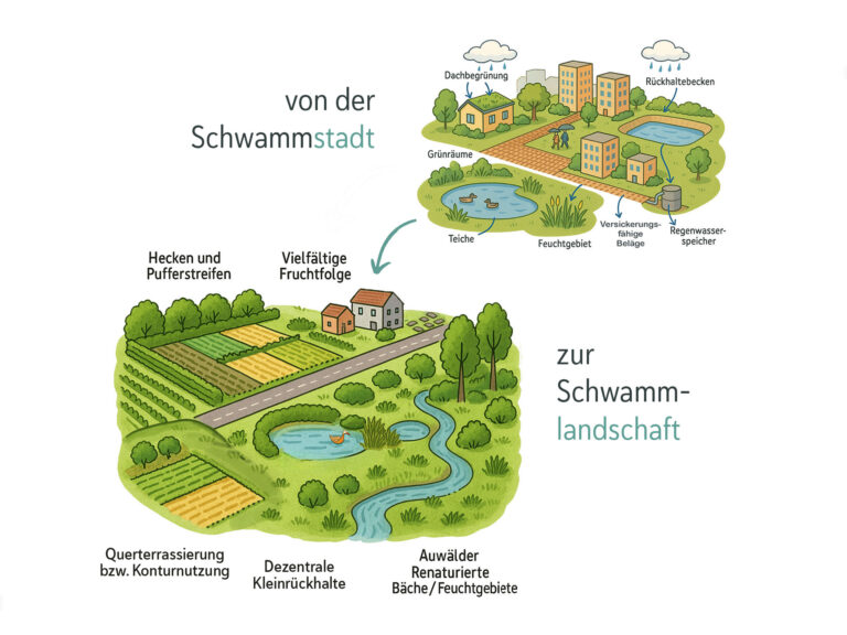 Illustration, welche die Übertragung des Schwammstadt-Konzepts (Grünflächen, Dachbegrünung etc.) auf die Landschaft zeigt. Strukturen wie Querterrassierung, Hecken und Kleinrückhalte bremsen den Wasserabfluss und verbessern den Wasserrückhalt.