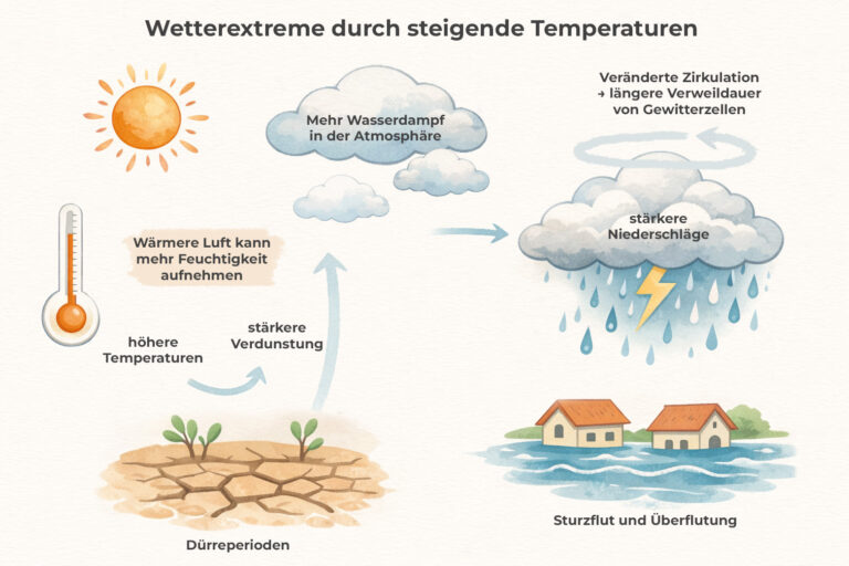 Schema zu Klimawandel und Wetterextremen: Wärmere Luft speichert mehr Feuchtigkeit. Mehr Wasserdampf und veränderte Zirkulation begünstigen stärkere Niederschläge und längere Trockenphasen.