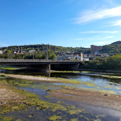 Auf dem Foto sieht man den niedrigen Wasserstand der Nahe bei Bingen.