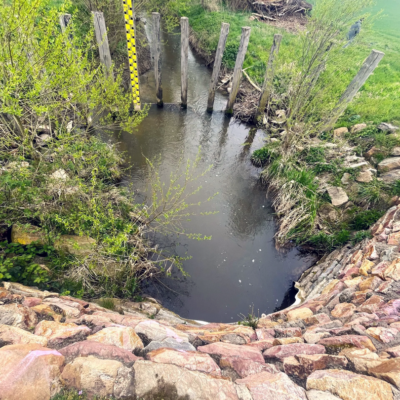 Blick von der Damm-Brücke auf den Appelbach mit Treibgutfang