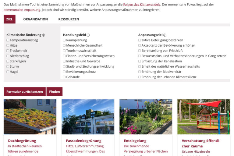 Screenshot aus dem Maßnahmentool des Kompetenzzentrums für Klimawandelfolgen