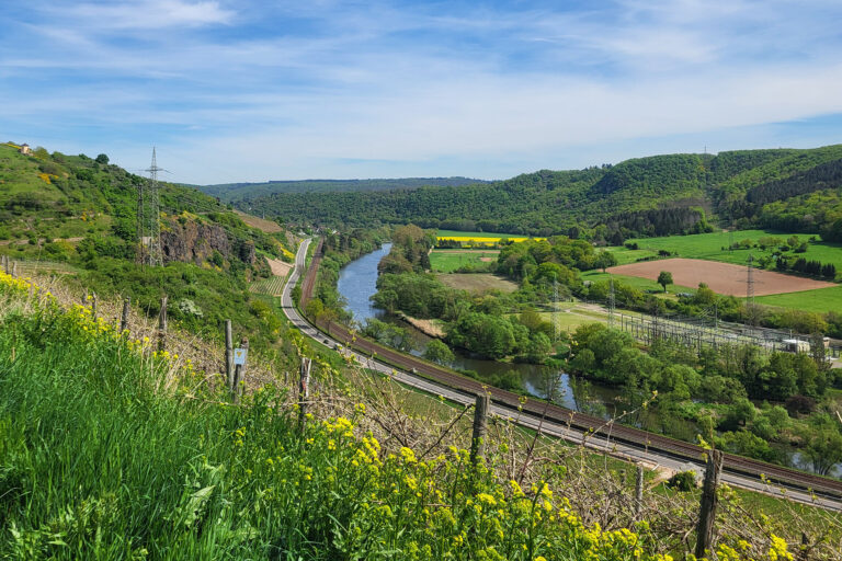 Foto der Landschaft bei Niederhausen: Weinberge, Landwirtschaft, Felsen und im Tal die Nahe